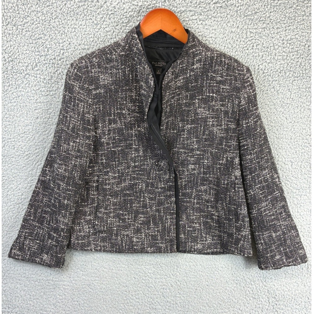 Talbots Tweed Mandarin Collar Jacket Womens 8 Black White Business Casual